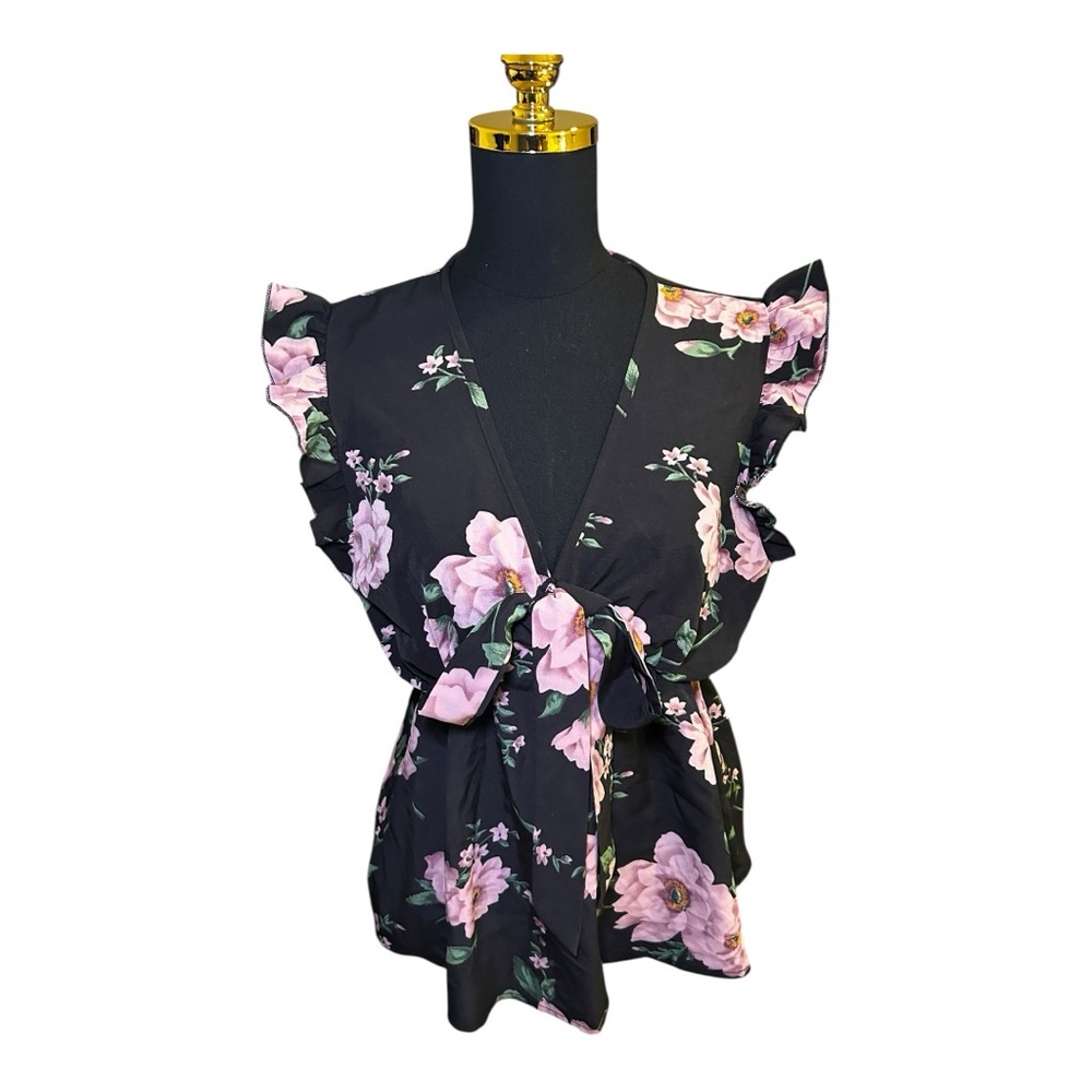 Black and Pink Floral Blouse Size XL